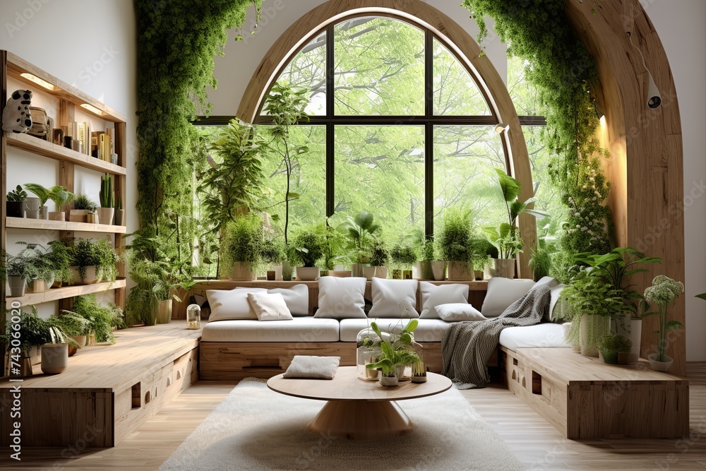 Vertical Garden Delight: Living Room Walls Brimming with Greenery Under Arch Window Light