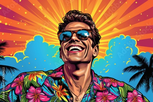 Joyful Summer Vibes: Man Smiling in Sunglasses with Tropical Background. The epitome of vacation bliss captured in vibrant colors