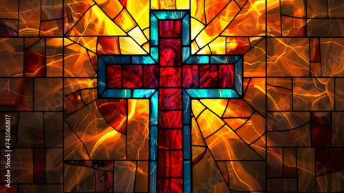 Divine Light: Stained Glass Cross Illuminating Spiritual Warmth and Faith. Artful representation of hope and redemption in vibrant colors