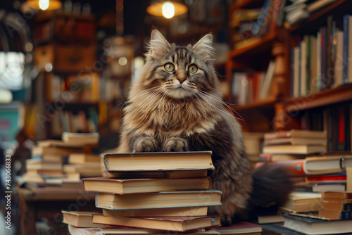 Majestic Cat Among Stacks of Books in a Cozy Library. A perfect blend of curiosity and tranquility in a scholarly setting