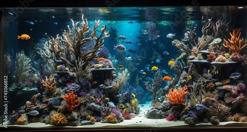 Showcase the incredible biodiversity of the deep ocean with an ultra-realistic depiction of a vibrant underwater ecosystem, featuring diverse species of fish, intricate coral formations-Ai Generative © Sbahat