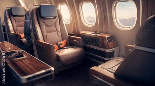 Generative AI Lavish business class cabin interior of an aircraft, featuring luxurious seats, ample legroom, and premium amenities