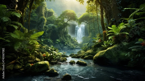 Generative AI Lush rainforest with diverse flora and fauna  emphasizing biodiversity and ecosystem preservation.