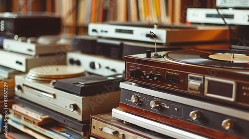 Vintage audio equipment with vinyl records and wooden aesthetics for music enthusiasts and retro style advertising photo