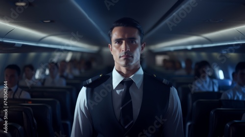 Generative AI Male flight attendant assisting passengers in the cabin, demonstrating safety procedures, airplane interior visible