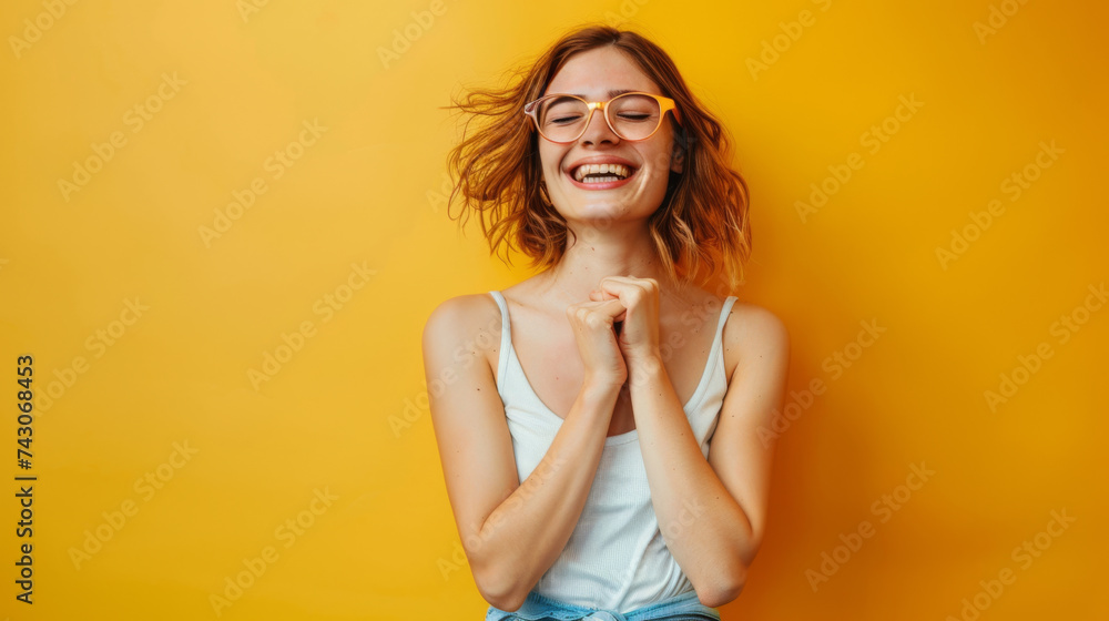 A radiant young woman with closed eyes and a bright smile, her hands pressed together in a gesture of gratitude against a vivid orange background. A radiant young woman with closed eyes and a bright smile, her hands pressed together in a gesture of gratitude against a vivid orange background.