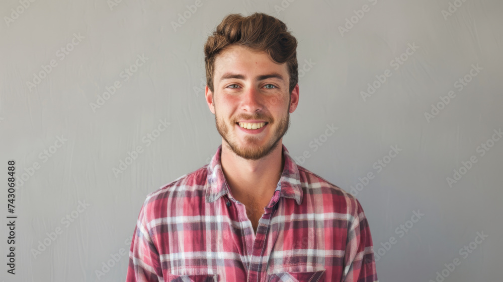 A cheerful young man with a beard and a checkered shirt smiles brightly against a plain grey background. A cheerful young man with a beard and a checkered shirt smiles brightly against a plain grey background.