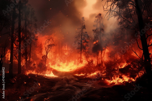 Forest on fire. Ecological catastrophy. Nature's fury unleashed: a haunting scene of a forest consumed by flames, a stark reminder of the power and devastation of wildfires