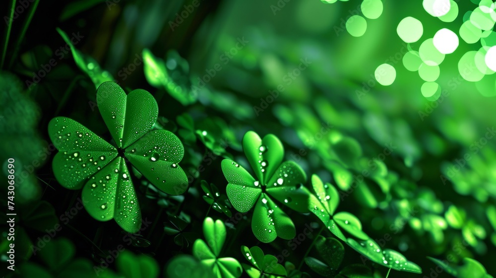 lucky shamrock four petal green symbol of St Patrick's day. Clover leaves background.  - obrazy, fototapety, plakaty 