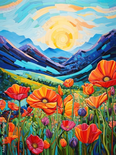 A painting depicting a field of colorful flowers with majestic mountains in the background, showcasing the beauty of nature in a vibrant landscape.