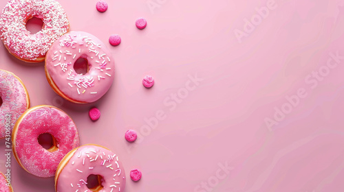 Delicious glazed donuts background, sweet concept backdrop donut