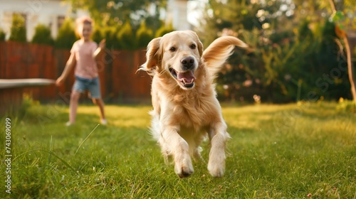 A beautiful family of four, all smiles, playing catch with a flying disc on their backyard lawn. Happy family playing with happy golden retriever dog on the backyard lawn.