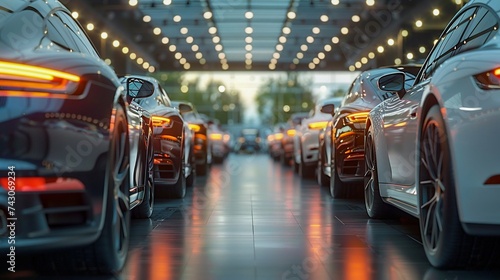 Showroom Shine: Luxury Cars Lined Up Under Bright Lights. Generative ai © Yevheniiya