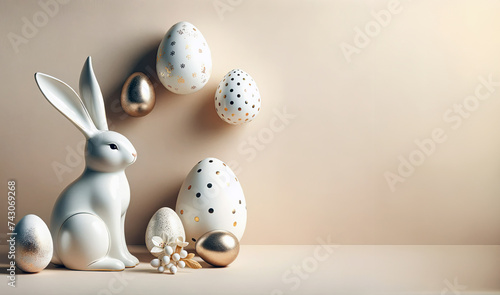 Minimal Easter composition with Easter eggs and Easter bunny on beige background.