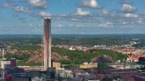 Gothenburg, Sweden. Panorama of the city central part of the city. Sunset, From Drone, a hill with panoramic views of the city. Panorama of the city. Summer day. Cloudy weather, Aerial View