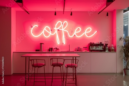 white pink neon sign COFFEE on minimal wall at cafe or coffee place. Caffeine culture. 