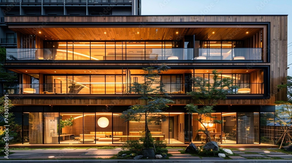 Modern Tranquility: Japanese-Inspired Architecture at Dusk. Generative ai