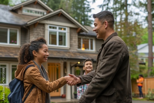 Real Estate Agent Greeting a Prospective Multi-Ethnic Family at a Home Viewing in Washington State