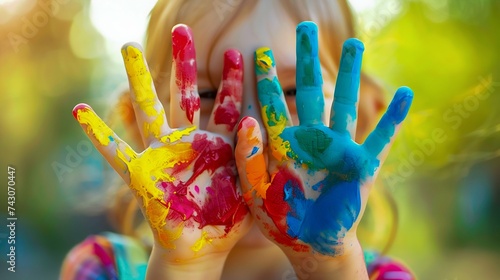 Joy of Colors: Playful Child Covered in Paint. Generative ai