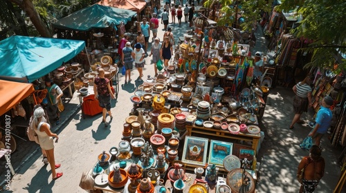 Visitors wander among colorful stalls under a blue sky in an outdoor market  exploring a variety of local goods and souvenirs. Resplendent.