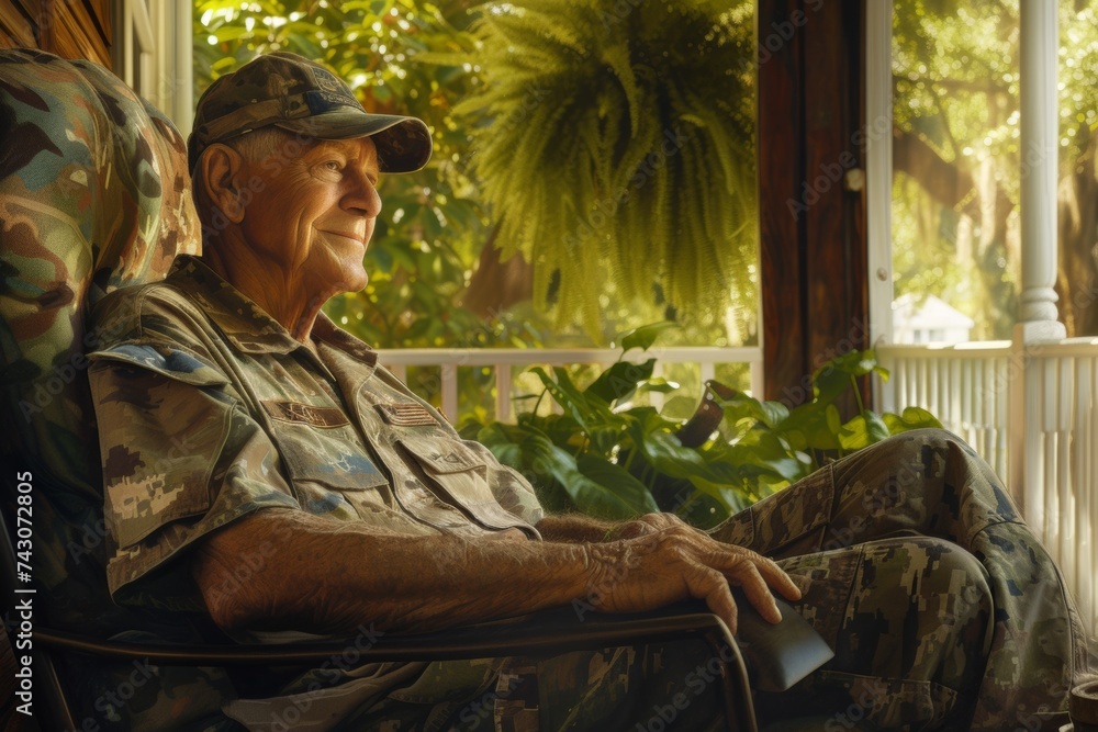 Smiling U.S. Military Veteran Sitting on the Porch of a Suburban Home