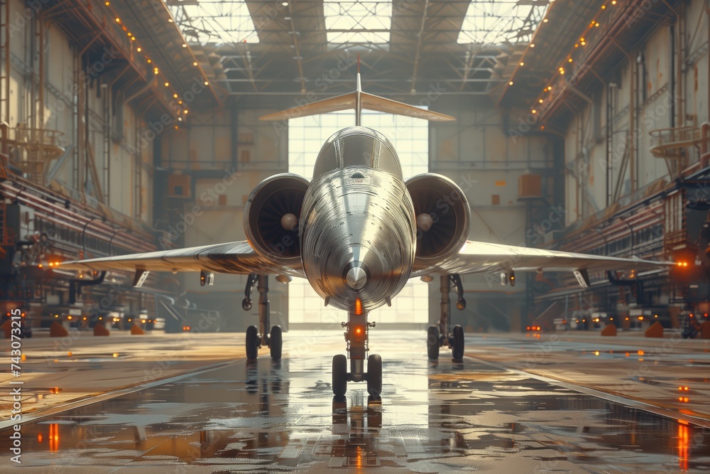 A military aircraft, also known as a fighter jet, is stored in a hangar made of composite materials. It is a powerful vehicle manufactured by an aerospace company - obrazy, fototapety, plakaty 