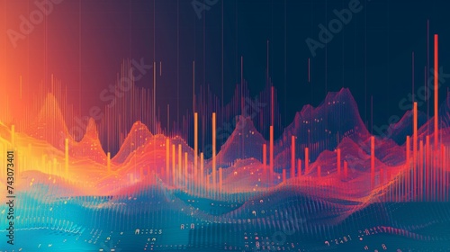 Abstract Digital Landscape of Multicolored Vertical Bars Visualizing Fintech and Investment Trends