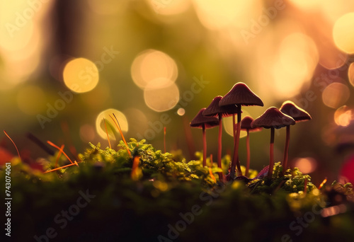 Mushrooms in the forest. Background with selective focus and copy space