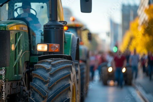 Farmers' tractors at the protest. Background with selective focus and copy space