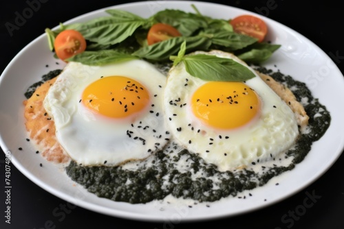 Delicious fried eggs with spinach and tomatoes on a white plate on a stylish black background