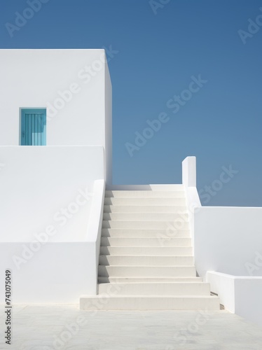 A white building with stairs leading up to its entrance, under the clear sky.