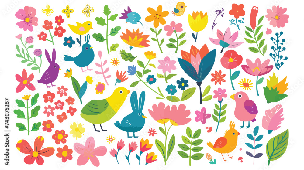 Big collection of flowers leaves birds bunny and