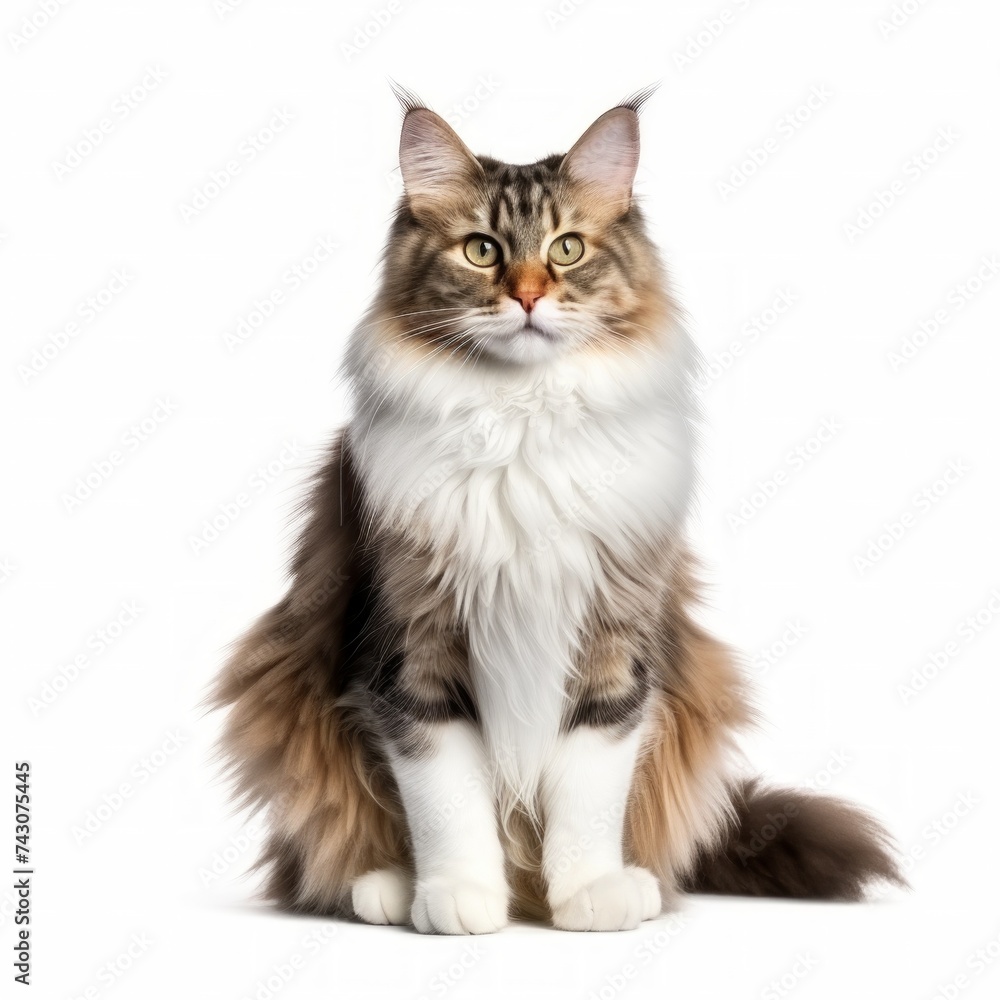 Realistic photo of a Norwegian Forest cat on a white background, bushy tail, majestic appearance, affectionate and independent nature Generative AI