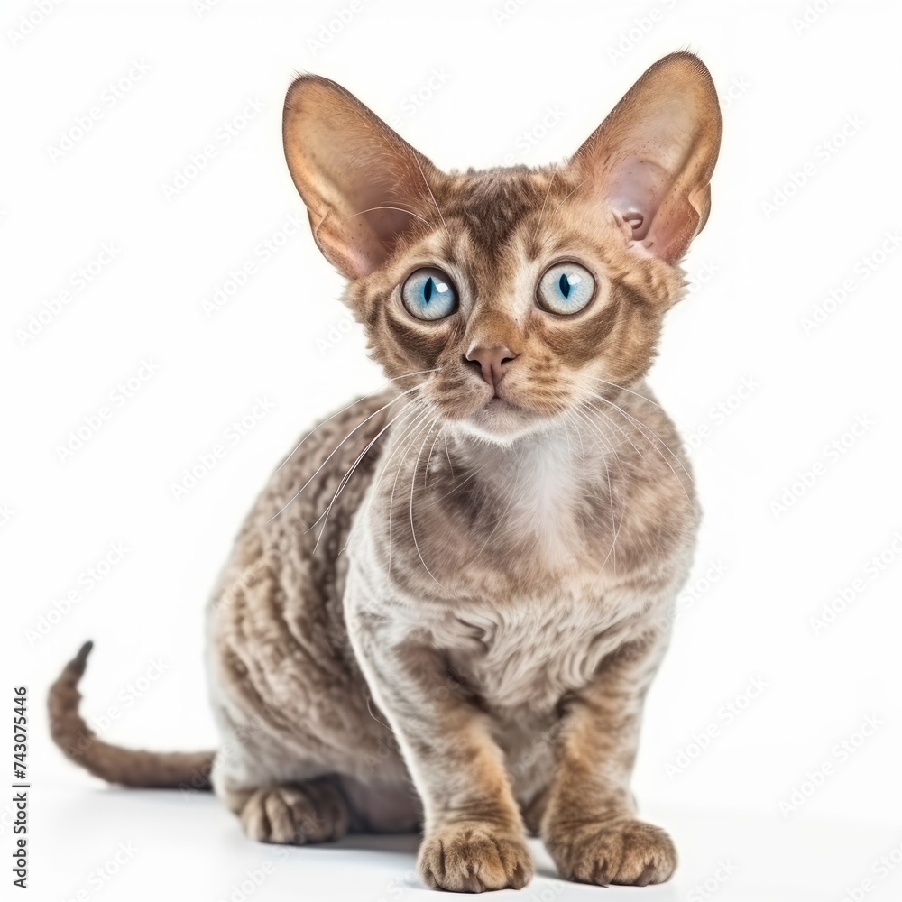 Realistic photo of a Devon Rex cat on a white background, curly coat, mischievous expression, playful and active personality Generative AI