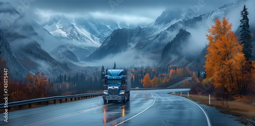 A blue semi truck with automotive lighting is descending a mountain road in the rain, navigating through water on the asphalt surface photo