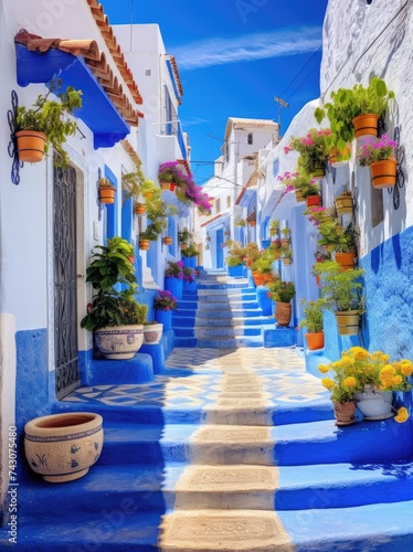 A street lined with potted plants in blue and white hues, creating a charming and inviting urban setting.