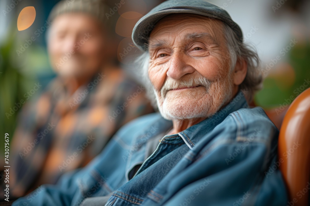 An elderly health care client in a nursing home. Background with selective focus and copy space