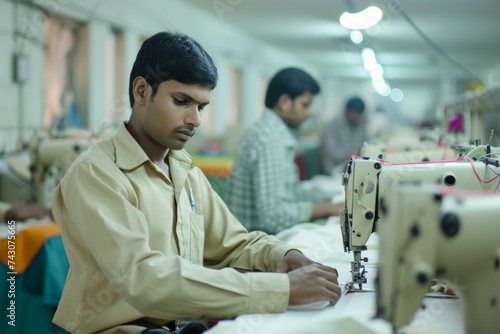 Workers at a textile factory. Background with selective focus and copy space