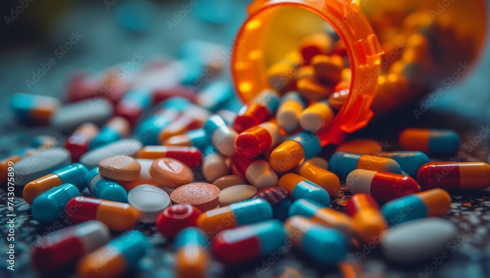 medical pills and capsules flowing the bottle onto the table - obrazy, fototapety, plakaty 