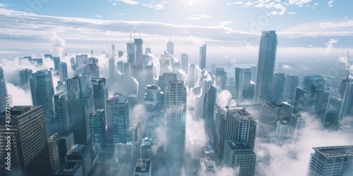 A Breathtaking Aerial View of a Modern Metropolis Enveloped in Soft Mist, Bridging the Earth and Sky, Generative AI photo