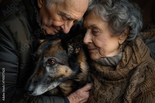 Experience the heartwarming bond of a senior elderly couple embracing with their loyal dog, symbolizing lifelong love, companionship, loyalty, 