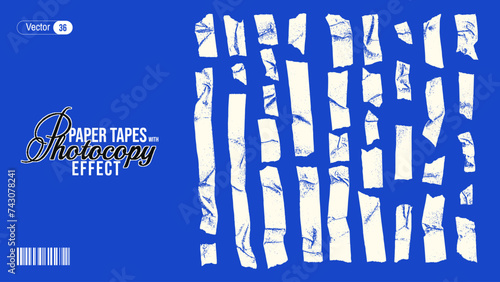 Grunge grain paper tapes with a xerox or photocopy effect in an anti-design style. Set of different elements for collage or retro design. Vector illustration.