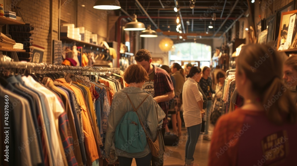 A crowd of customers is touring a retail building in the city's clothing marketplace. AIG41