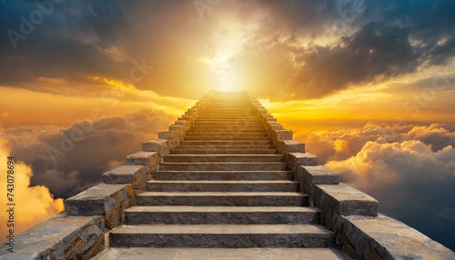 Stairway to heaven, stone staircase leading to orange yellow glow in distance, clouds around 