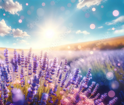 Sunlight Sparkling on a Boundless Field of Lavender Under a Clear Blue Sky Summer Background