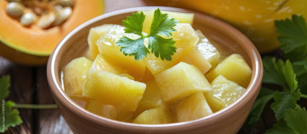 A bowl filled with freshly sliced pineapple and a ripe cantaloupe, showcasing a colorful and refreshing fruit salad arrangement. A bowl filled with freshly sliced pineapple and a ripe cantaloupe, showcasing a colorful and refreshing fruit salad arrangement.