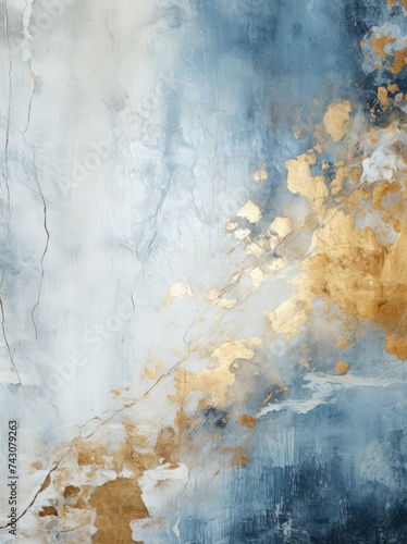 An abstract painting featuring swirls and geometric shapes in gold and blue hues, creating a dynamic and modern visual aesthetic.