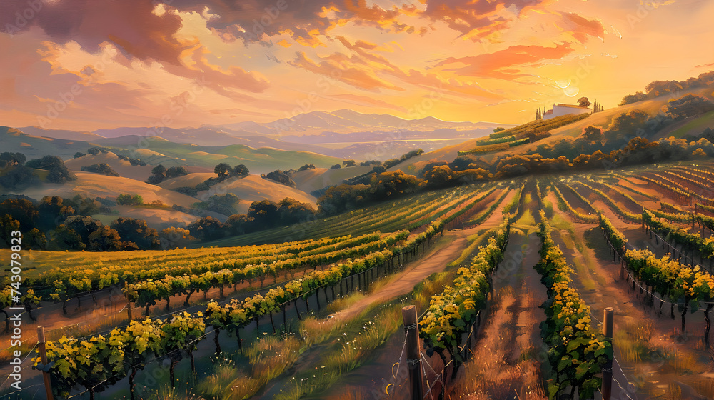 sunset in the mountains 3d,
A painting of a vineyard with a sunset in the background