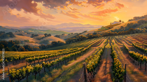 sunset in the mountains 3d, A painting of a vineyard with a sunset in the background