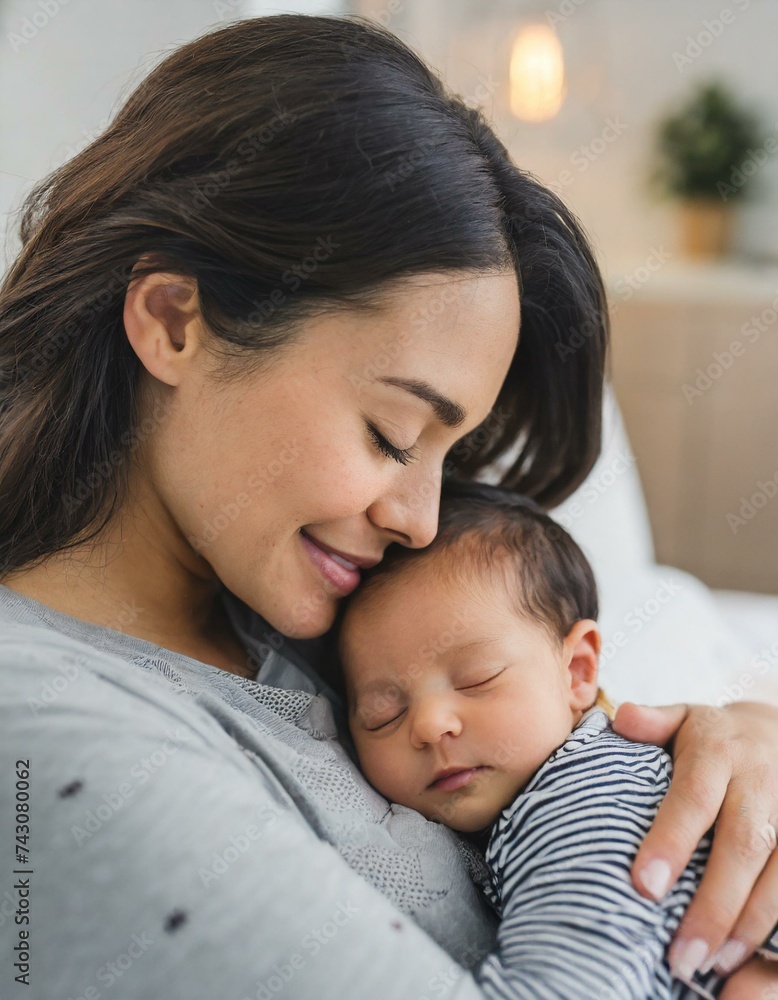 Tender bond Bright image of a mother's love with her peacefully sleeping infant at home bed Tender bond Bright image of a mother's love with her peacefully sleeping infant at home bed